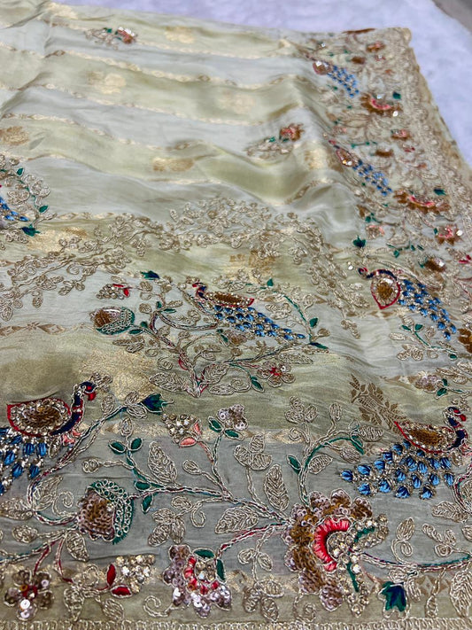 Pastel Pistachio Organza Embroidered Saree with Peacock Motifs & Heavy Zari Border