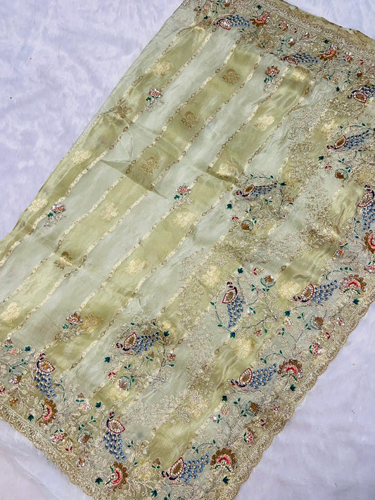 Pastel Pistachio Organza Embroidered Saree with Peacock Motifs & Heavy Zari Border