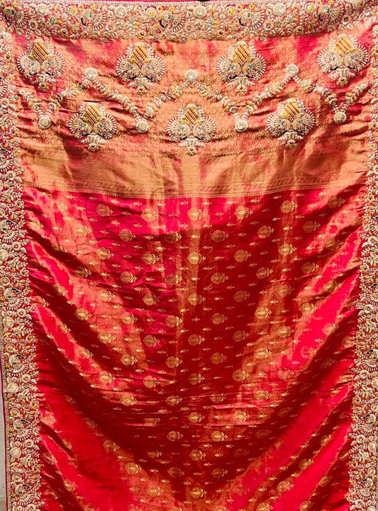 Red Heavy Bridal Embroidered Banarasi Saree