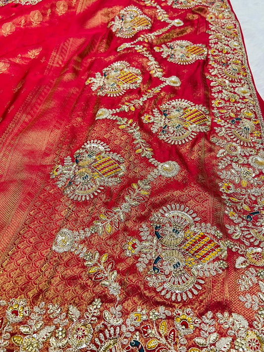 Red Heavy Bridal Embroidered Banarasi Saree
