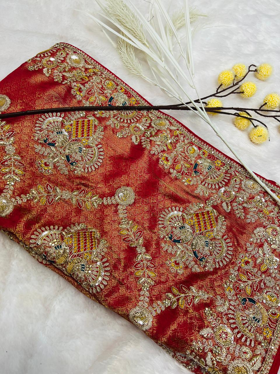 Red Heavy Bridal Embroidered Banarasi Saree