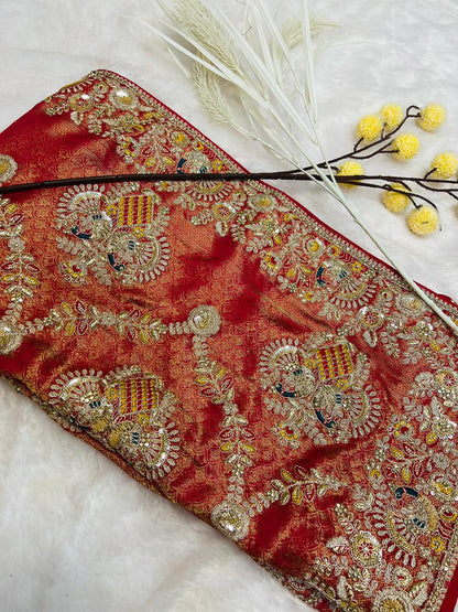 Red Heavy Bridal Embroidered Banarasi Saree