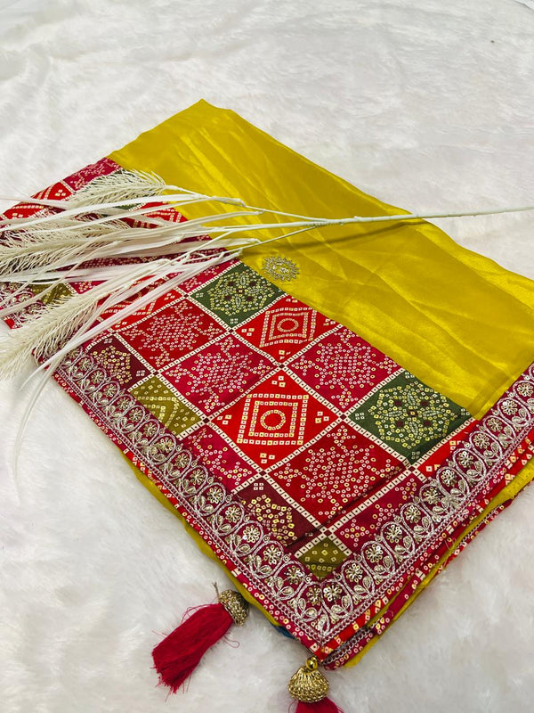 Bandhani Gaji Silk Dupatta with Embroidery & Tassels