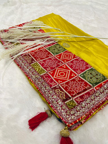 Bandhani Gaji Silk Dupatta with Embroidery & Tassels