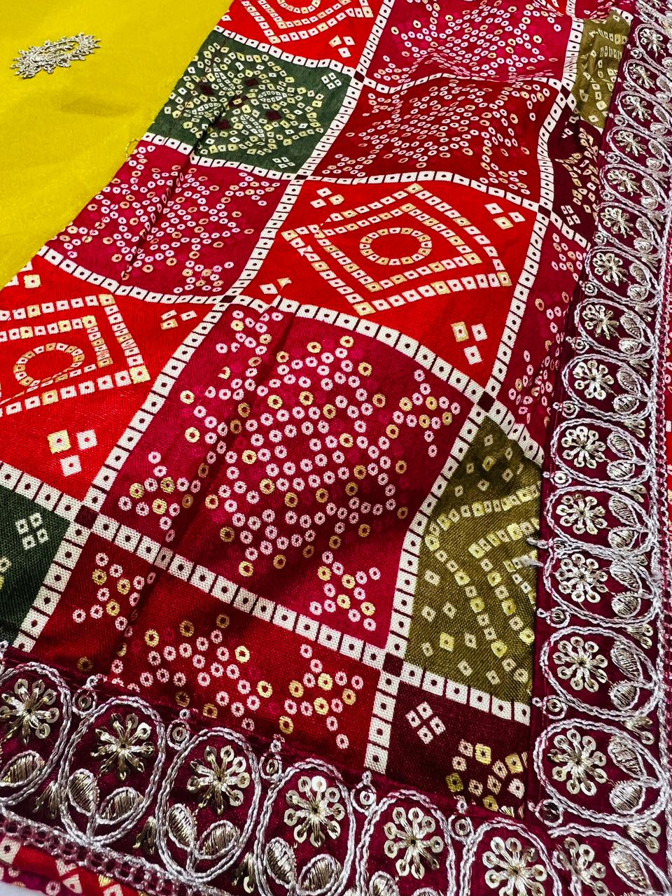 Bandhani Gaji Silk Dupatta with Embroidery & Tassels