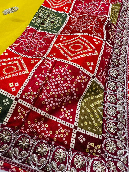 Bandhani Gaji Silk Dupatta with Embroidery & Tassels
