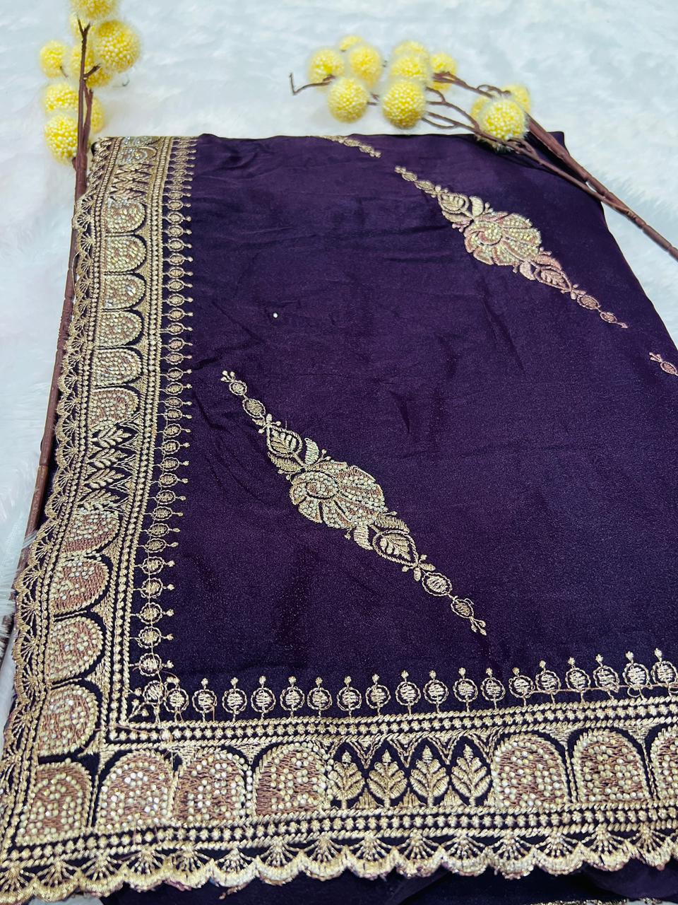 Purple Zari Embroidered Traditional Saree