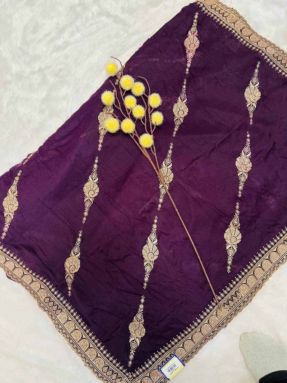 Purple Zari Embroidered Traditional Saree