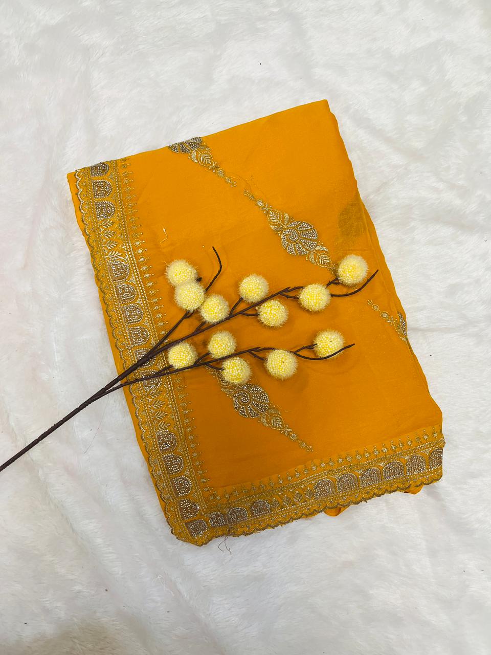 Yellow Zari Embroidered Traditional Saree