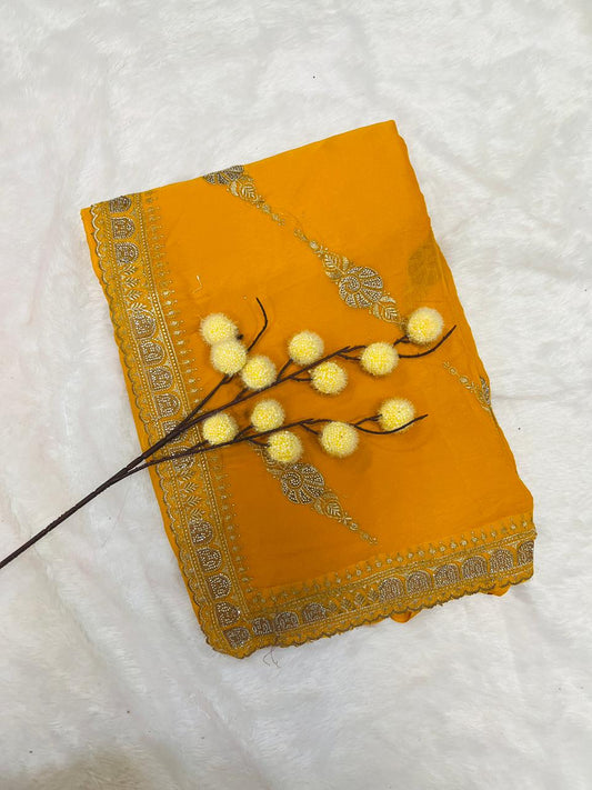 Yellow Zari Embroidered Traditional Saree