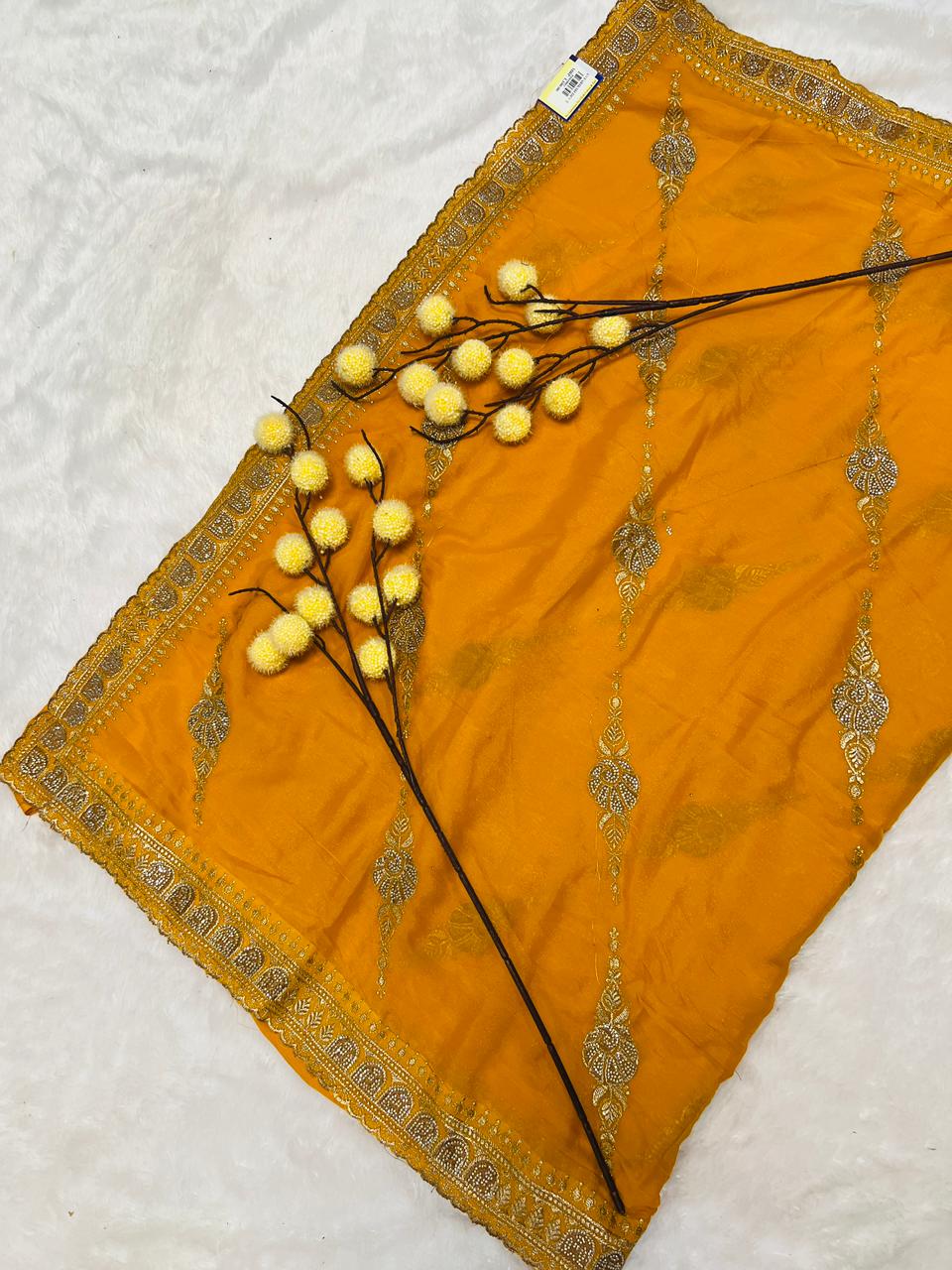Yellow Zari Embroidered Traditional Saree