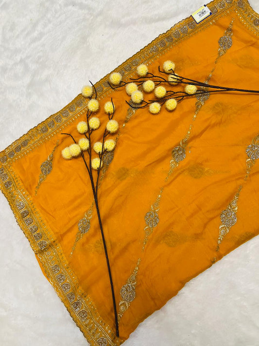 Yellow Zari Embroidered Traditional Saree