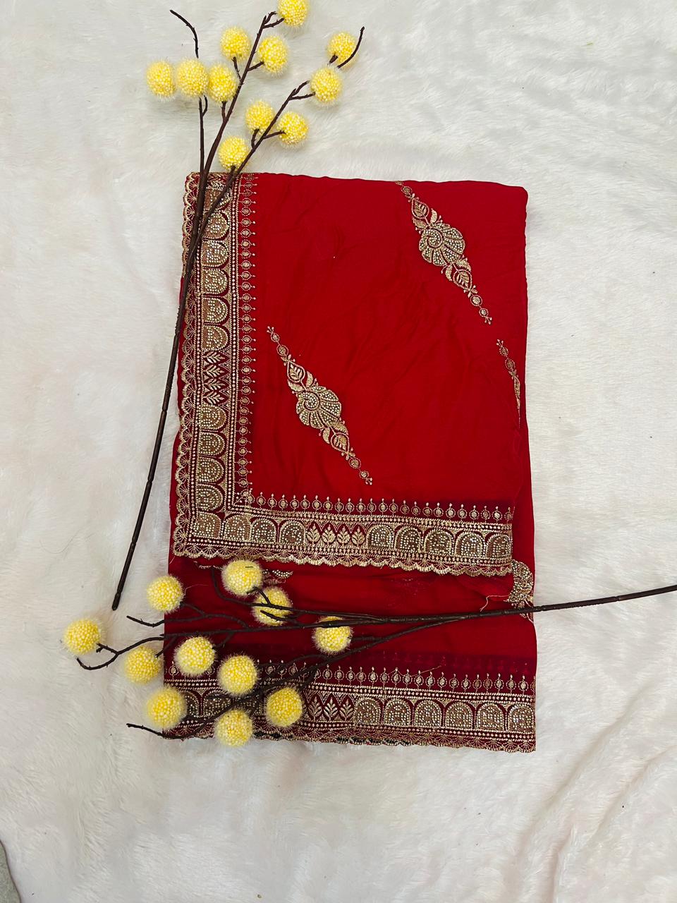 Red Zari Embroidered Traditional Saree