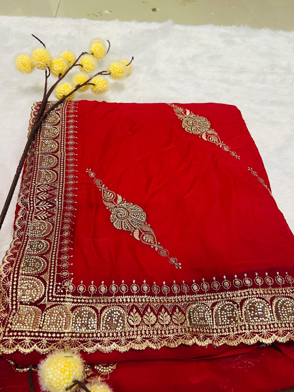 Red Zari Embroidered Traditional Saree