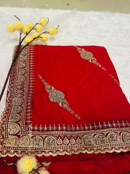 Red Zari Embroidered Traditional Saree