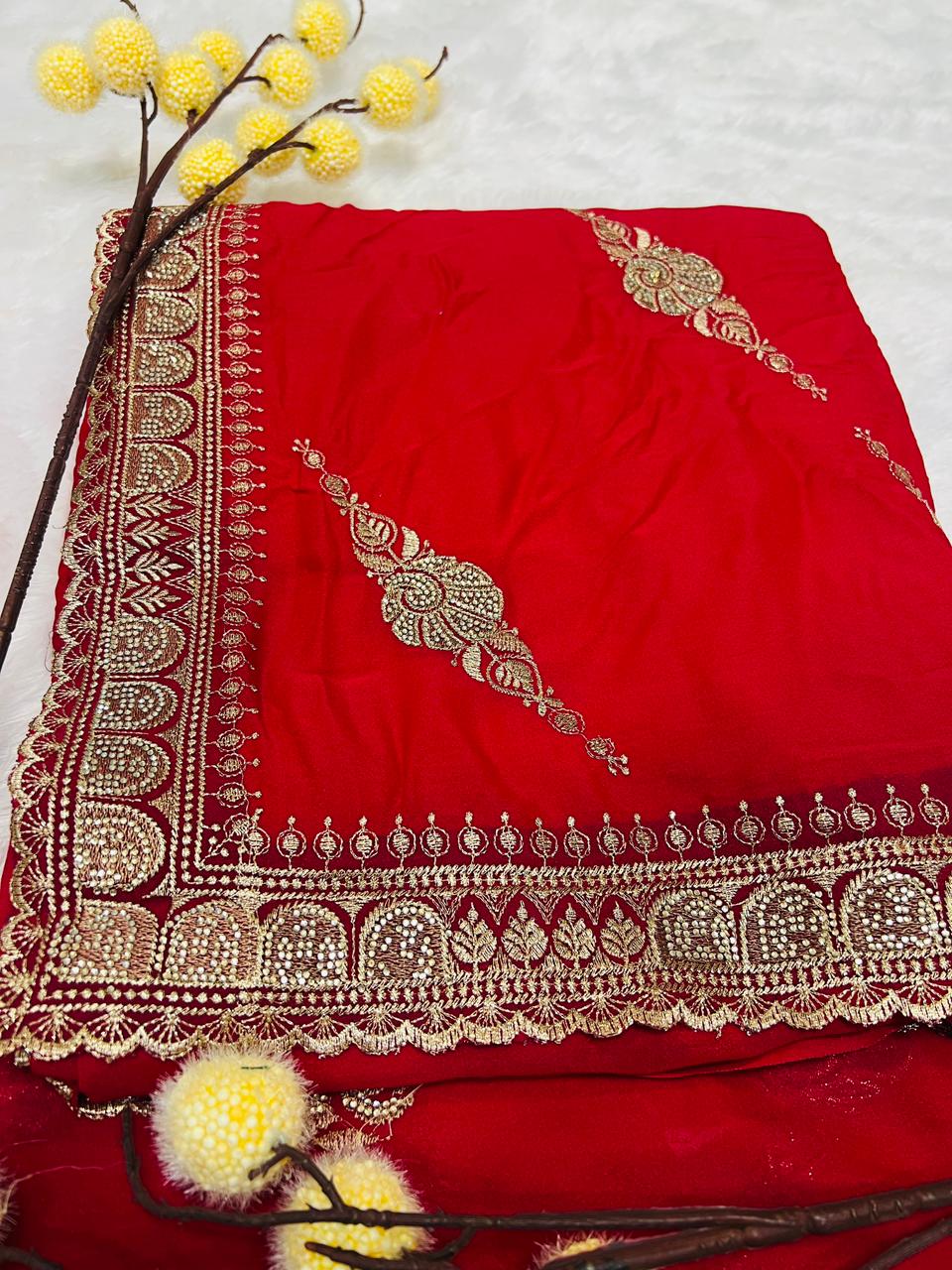 Red Zari Embroidered Traditional Saree