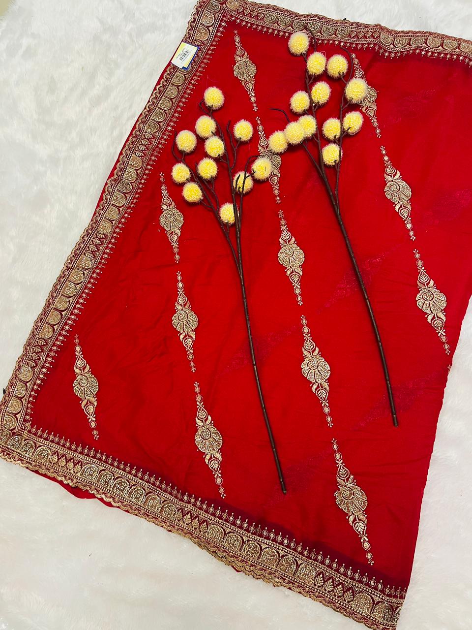 Red Zari Embroidered Traditional Saree