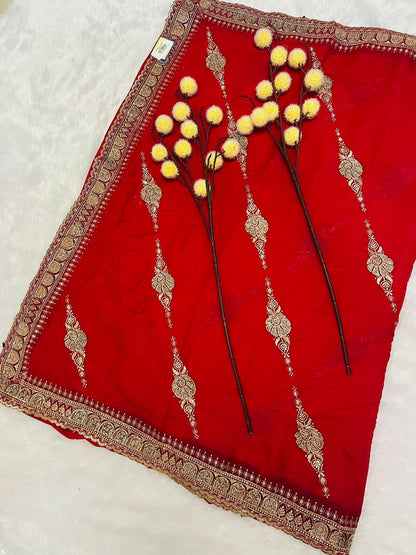 Red Zari Embroidered Traditional Saree