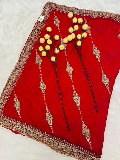 Red Zari Embroidered Traditional Saree
