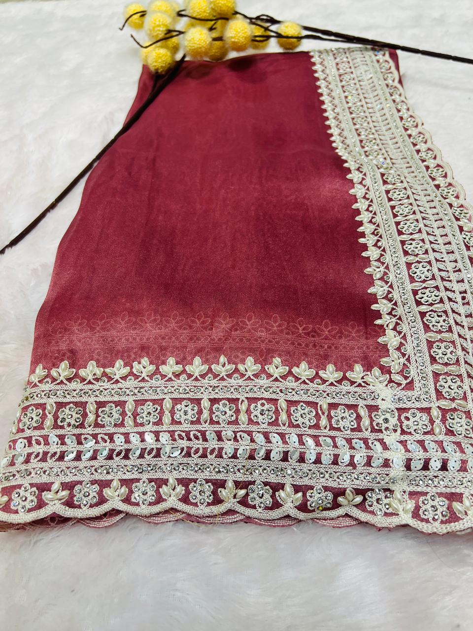 Red Lace Embroidered Border Saree