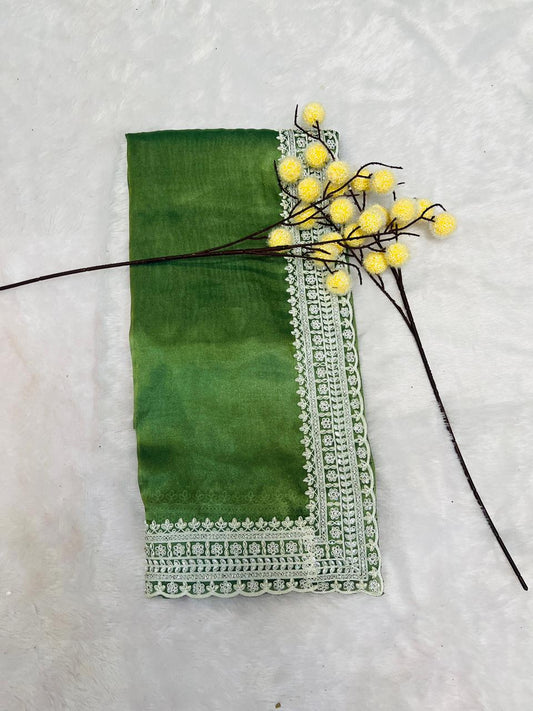 Green Lace Embroidered Border Saree