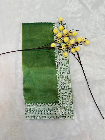 Green Lace Embroidered Border Saree