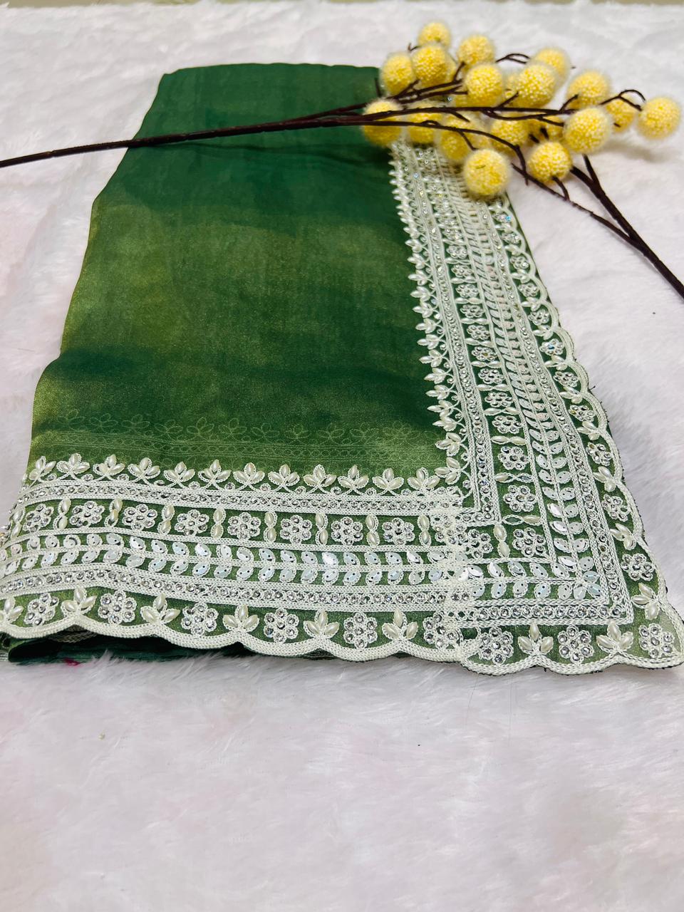 Green Lace Embroidered Border Saree