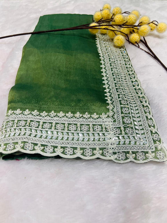 Green Lace Embroidered Border Saree