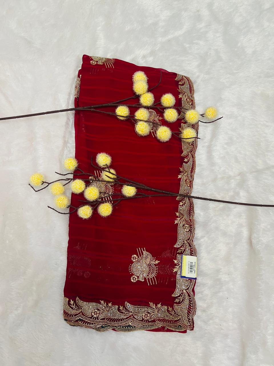 Red Heavy Zari Embroidered Festive Saree