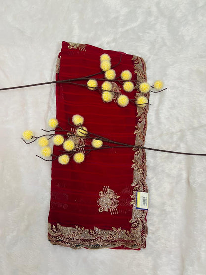 Red Heavy Zari Embroidered Festive Saree