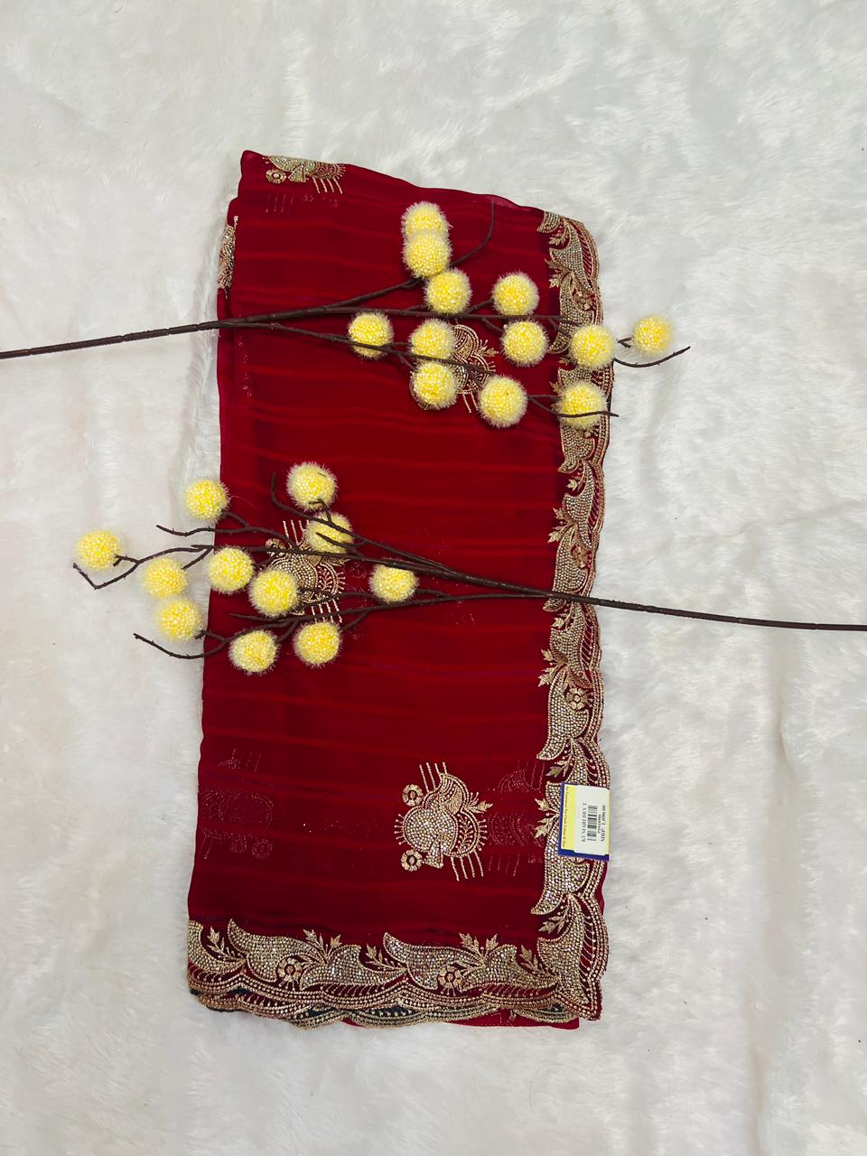 Red Heavy Zari Embroidered Festive Saree