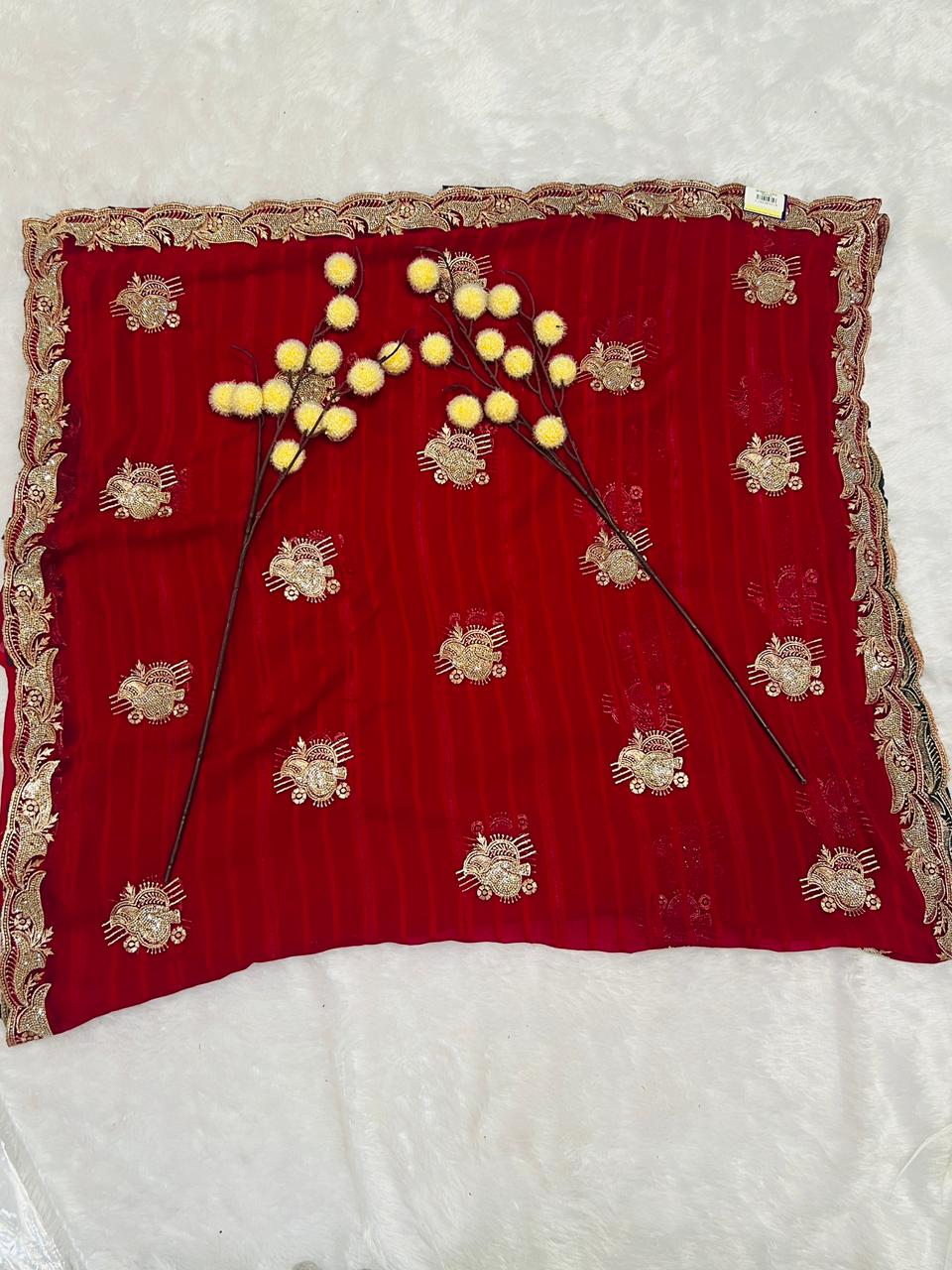 Red Heavy Zari Embroidered Festive Saree