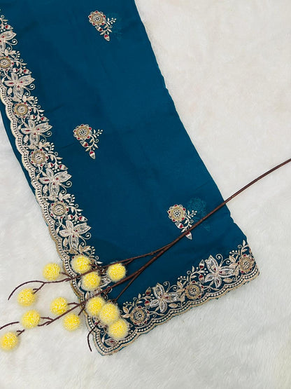Blue Heavy Embroidered Border Saree