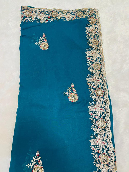 Blue Heavy Embroidered Border Saree