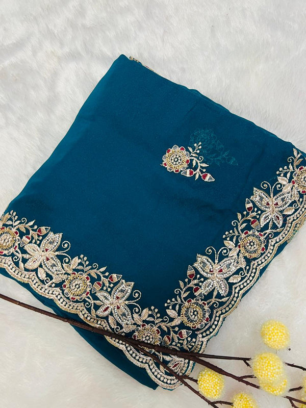 Blue Heavy Embroidered Border Saree