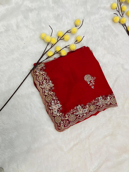 Red Heavy Embroidered Border Saree