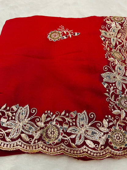 Red Heavy Embroidered Border Saree