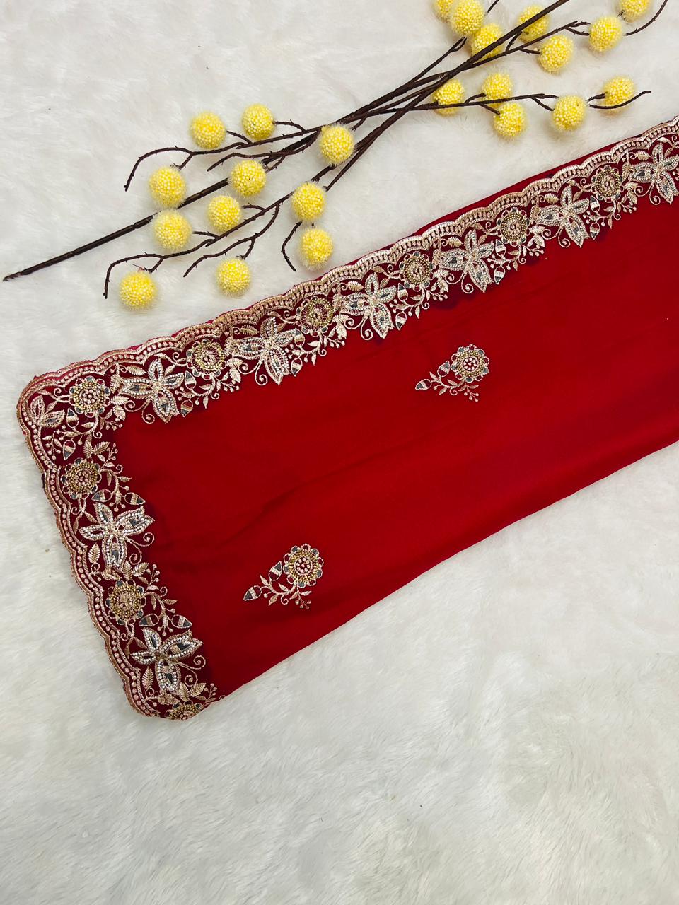 Red Heavy Embroidered Border Saree