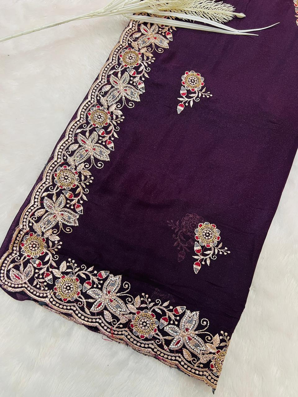 Purple Heavy Embroidered Border Saree