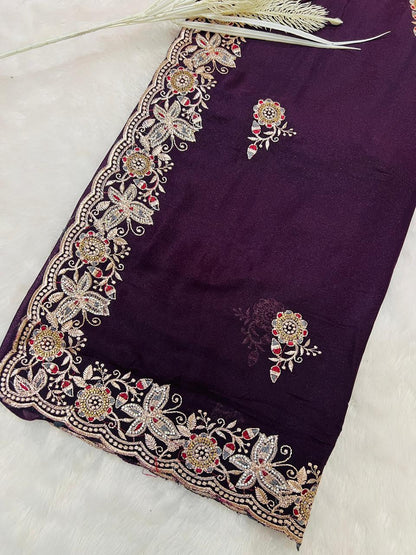 Purple Heavy Embroidered Border Saree