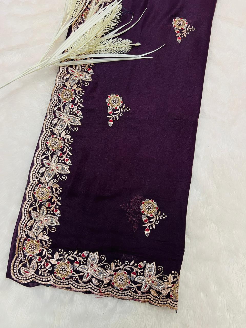 Purple Heavy Embroidered Border Saree