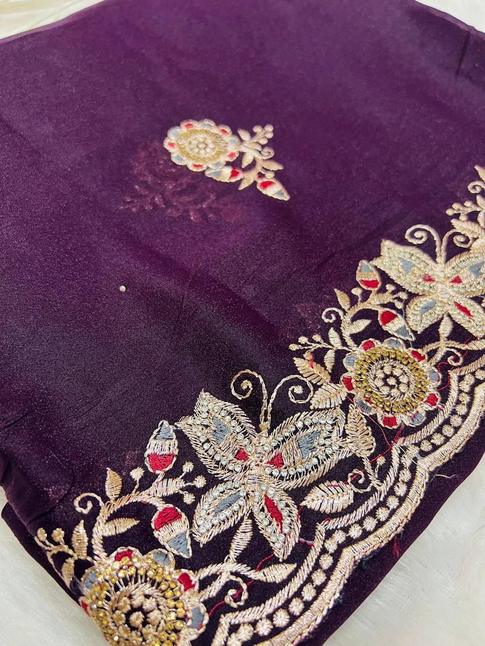 Purple Heavy Embroidered Border Saree