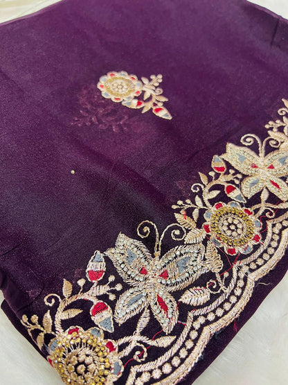 Purple Heavy Embroidered Border Saree