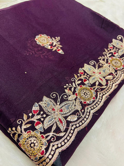 Purple Heavy Embroidered Border Saree