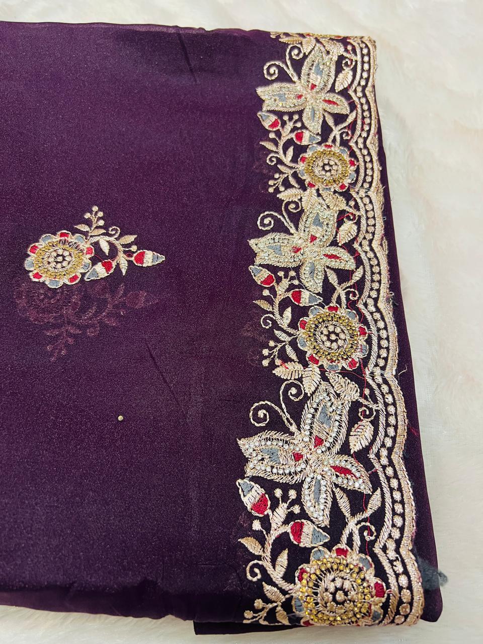 Purple Heavy Embroidered Border Saree