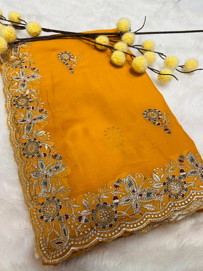 Yellow Heavy Embroidered Border Saree