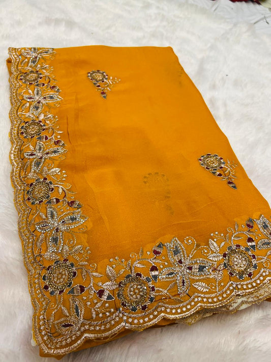 Yellow Heavy Embroidered Border Saree