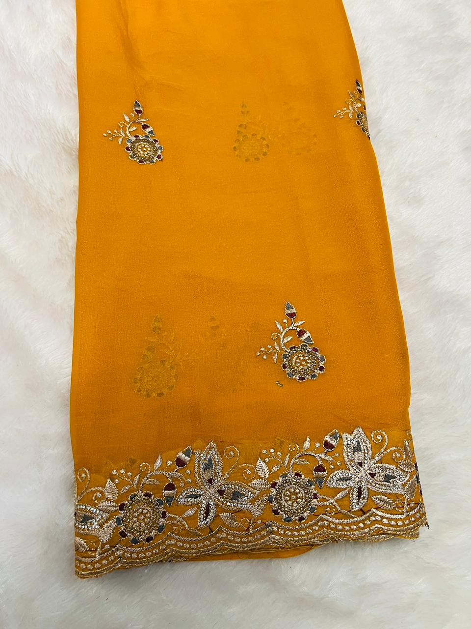Yellow Heavy Embroidered Border Saree