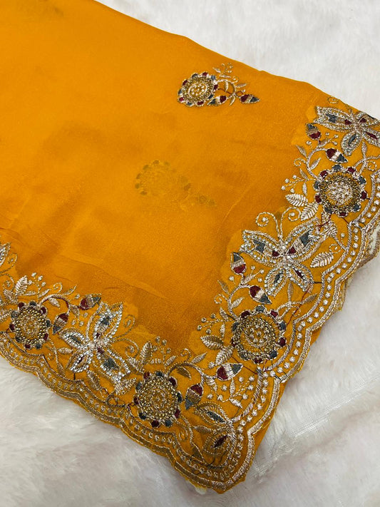 Yellow Heavy Embroidered Border Saree