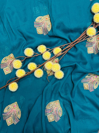 Blue Peacock Feather Embroidered Saree